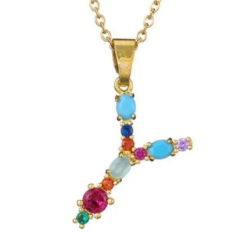 Y Initial Pendant Necklace Multicolor Rhinestones Gold Tone Chain